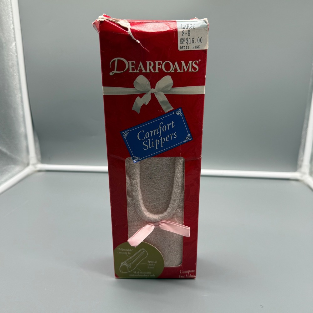 Vintage Dearfoams Pink Terry Cloth Comfort Slippers Bow 1994 NIB Large 8-9
